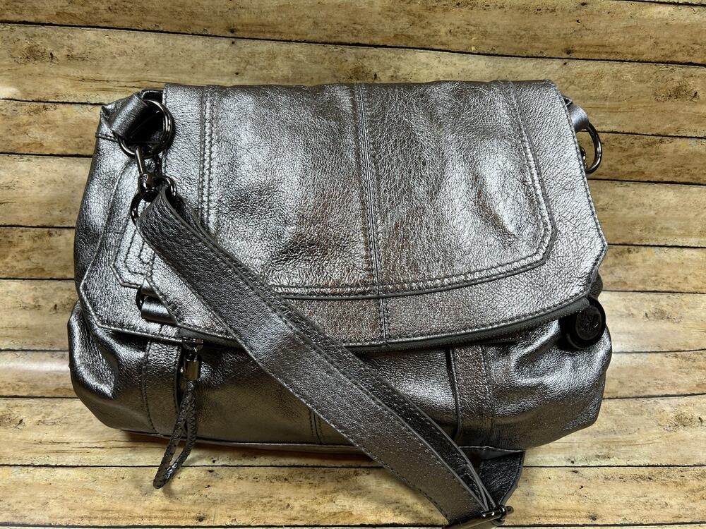 The Sak Metallic Pewter Leather Flap Crossbody Bag Shoulder Purse Boho